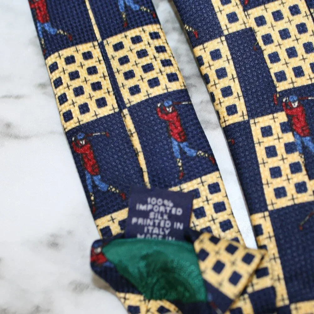 VINTAGE TOMMY HILFIGER Necktie Checkerboard Plaid Golf Blue Gold Silk Neck Tie